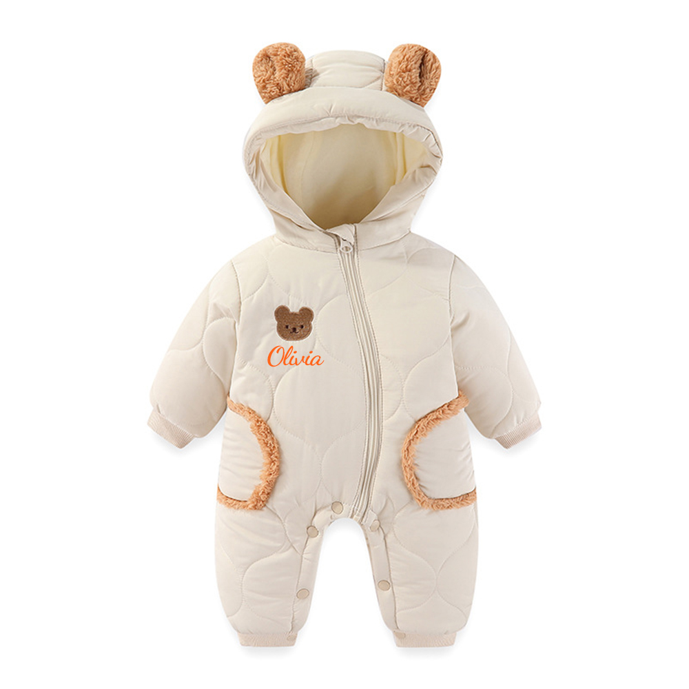 Personalized Long Sleeve Winter Hooded Puffer Romper | CWBaby308