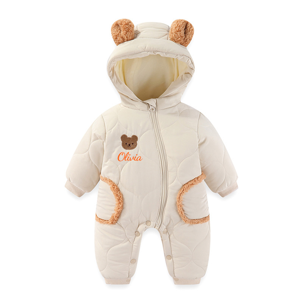 Personalized Long Sleeve Winter Hooded Puffer Romper | CWBaby308