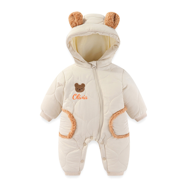 Personalized Long Sleeve Winter Hooded Puffer Romper | CWBaby308