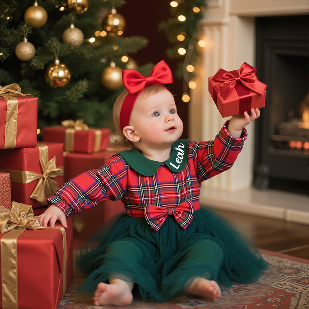 Personalized Christmas Baby Girl Checked Tutu Dress | MCGift156
