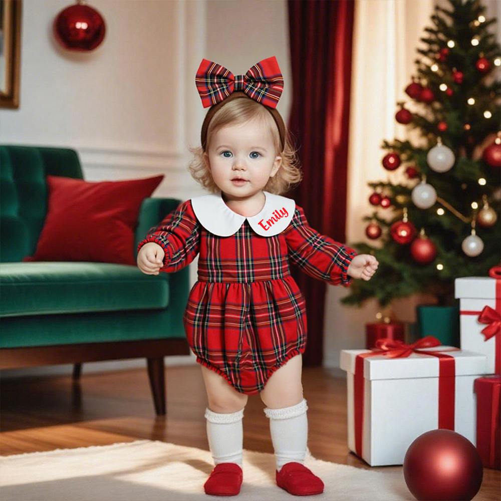 Personalized Christmas Baby Girl Lovely Plaid Outfit Set | MCGift154