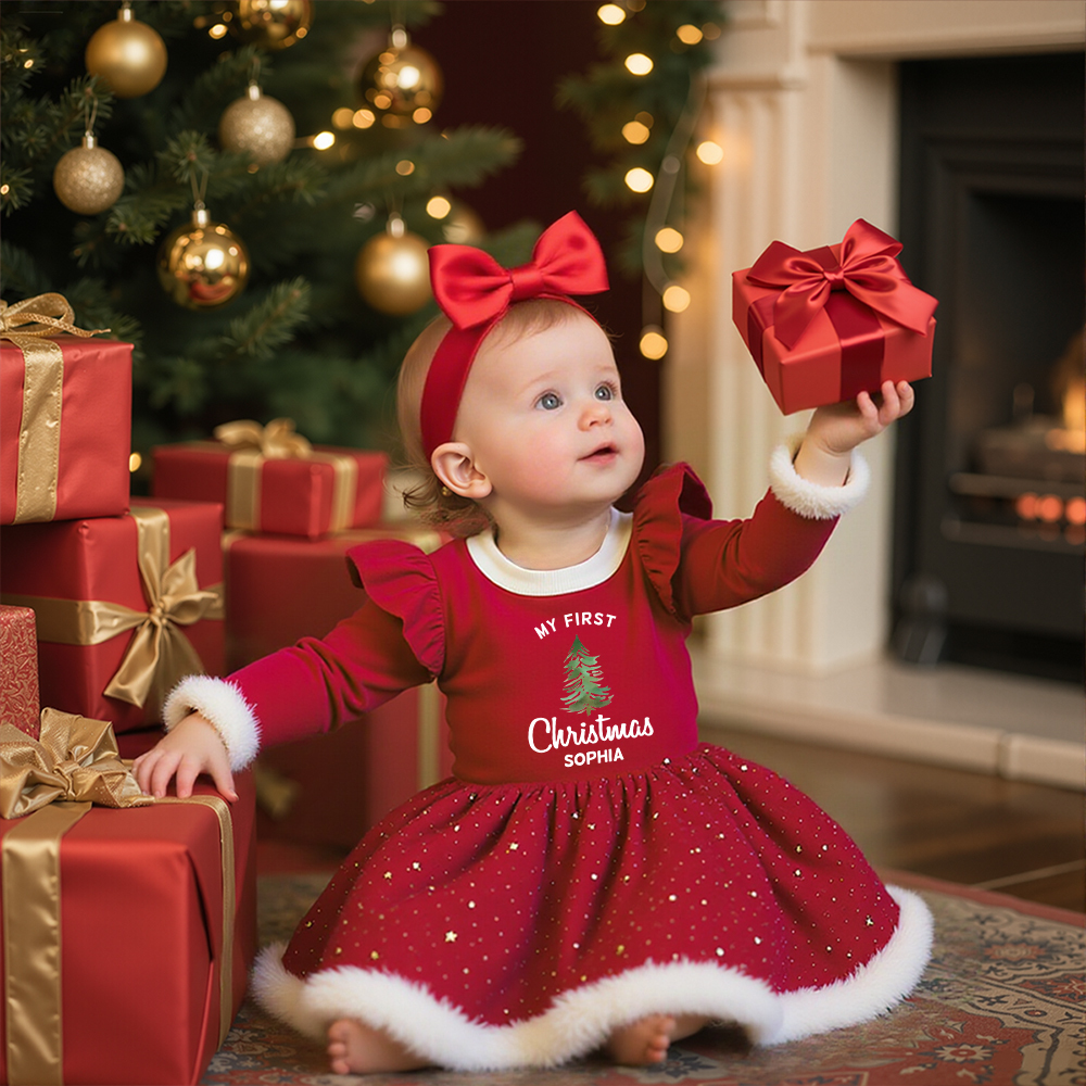 Personalized Baby Girl Christmas Tutu Romper with Bow | MCGift155