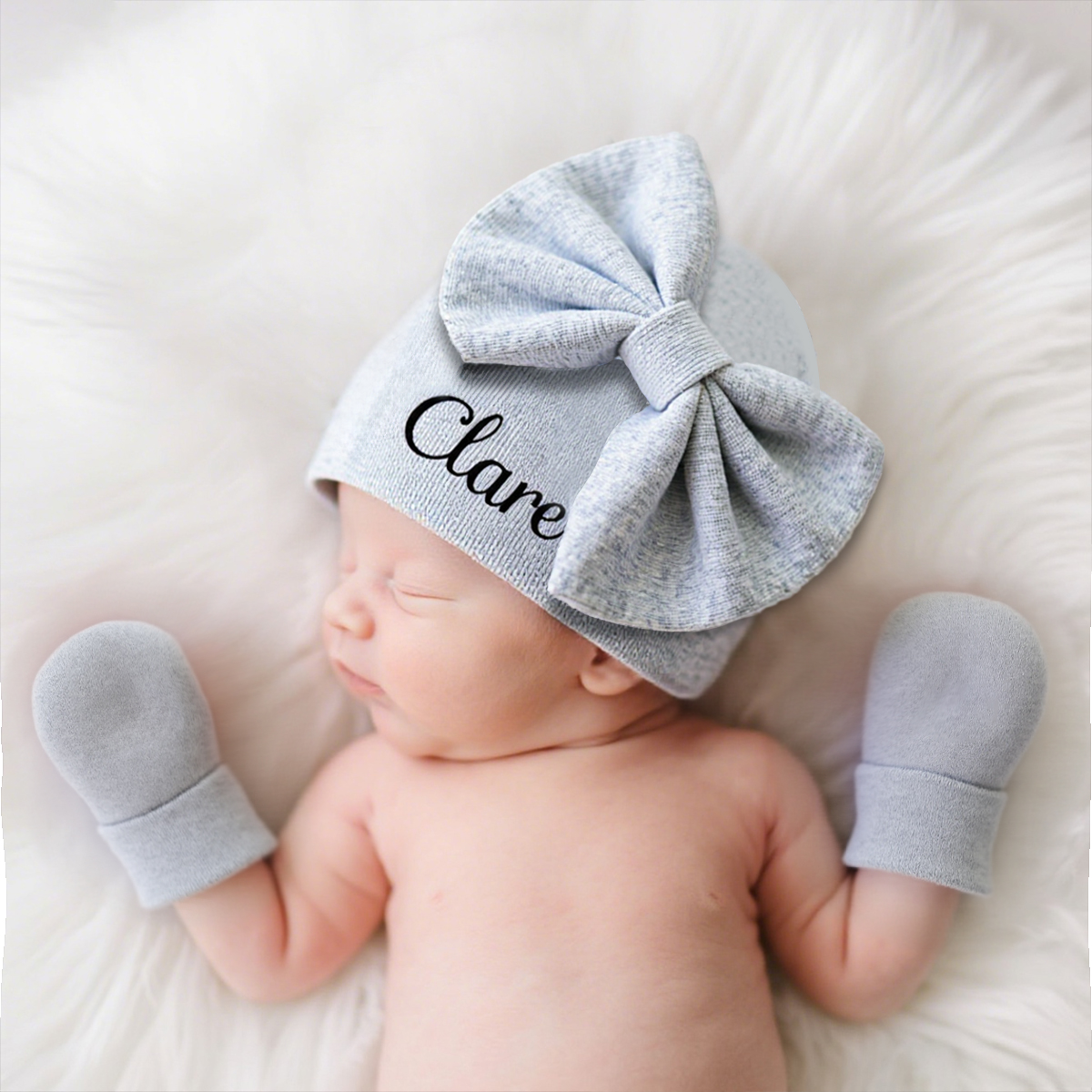 Personalized Newborn Coming Home Bow Beanie And Gloves Set | HSKid62