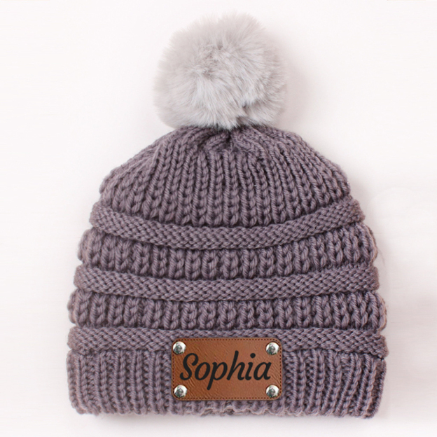 Personalized Leather Patch Kid Colorful Pom Pom Hat | HSKid63