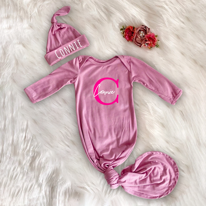 Personalized Cozy Newborn Gown with Knotted Hat | CWbaby33