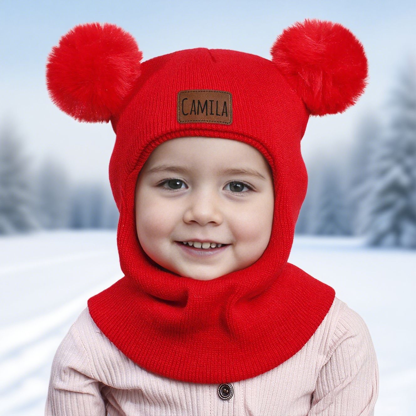 Personalized Kid Winter Warm Knitted PomPom Hat Scarf | HSKid64