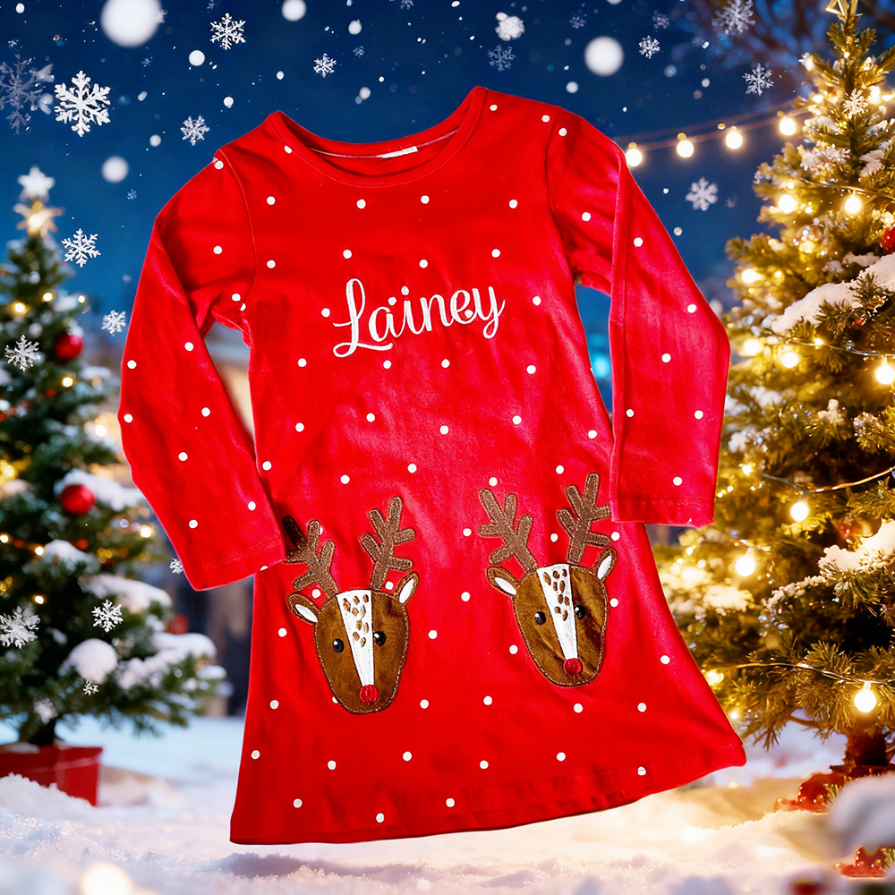 Personalized Girl's Christmas Reindeer Dress | MCGift180