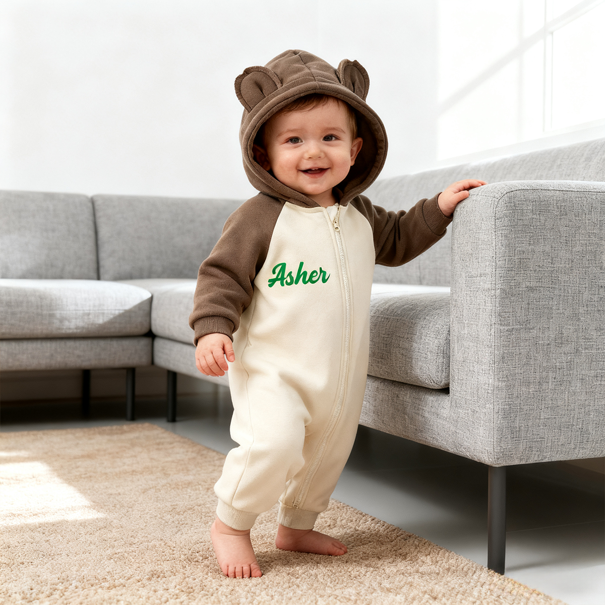Personalized Baby Winter Cute Bear Warm Hood Romper | CWBaby323