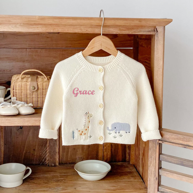 Personalized Baby Hand Embroidered Animal Cardigan| CWBaby324
