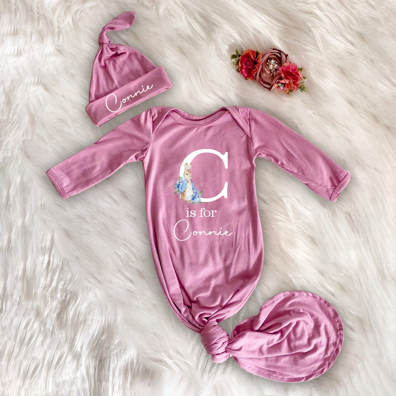Personalized Cozy Newborn Easter Gown with Knotted Hat | CWbaby39