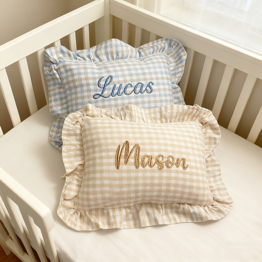 Personalized Embroidered Baby Plaid Ruffles Pillow | CWBaby328