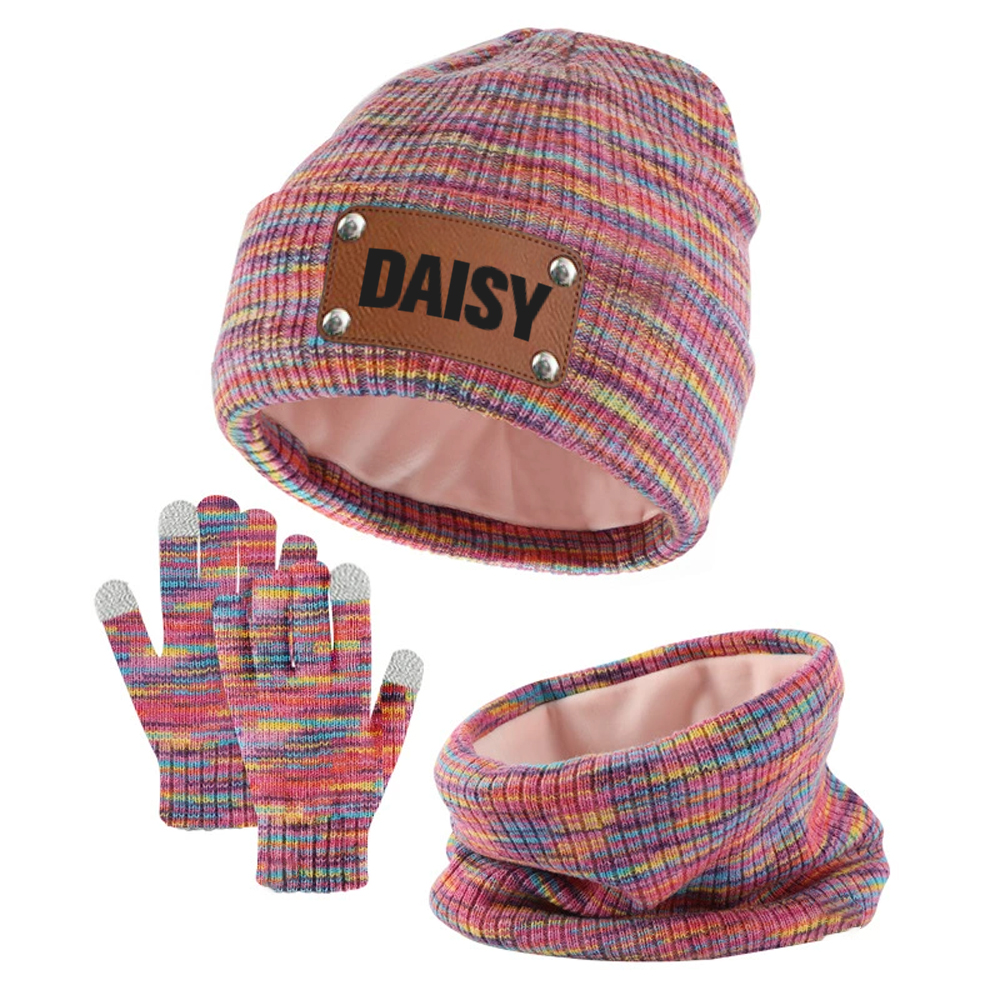 Personalized Leather Patch Kid Winter Hat Glove Scarf Set | HSKid69