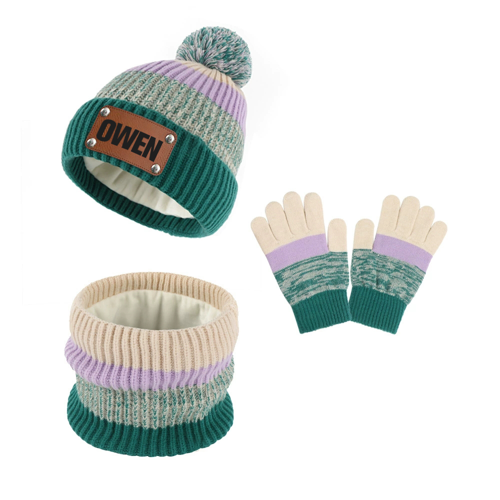 Personalized Leather Patch Kid Winter Hat Glove Scarf Set | HSKid70