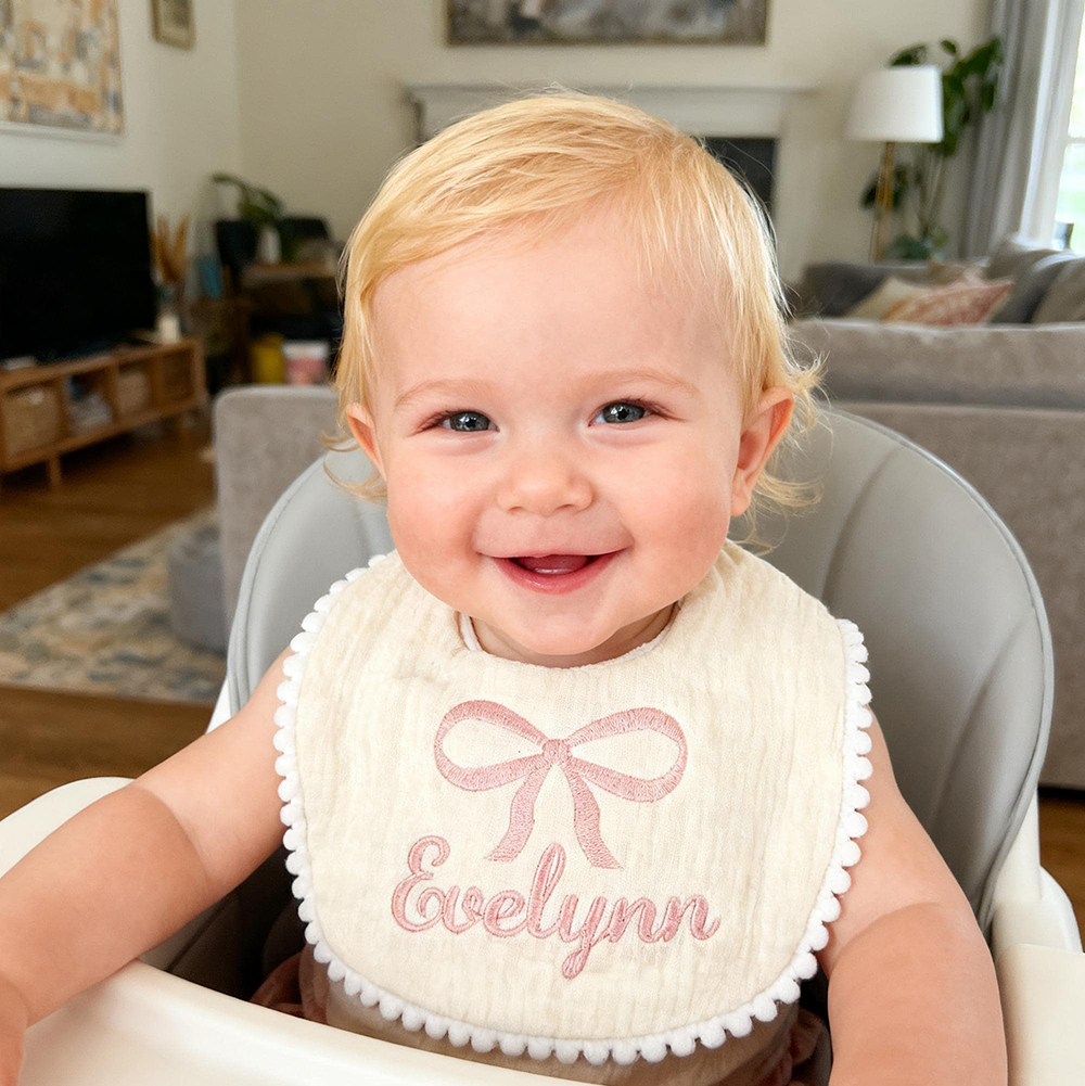 Personalized Embroidered Baby Lovely Bow Muslin Bib | CWBaby21402
