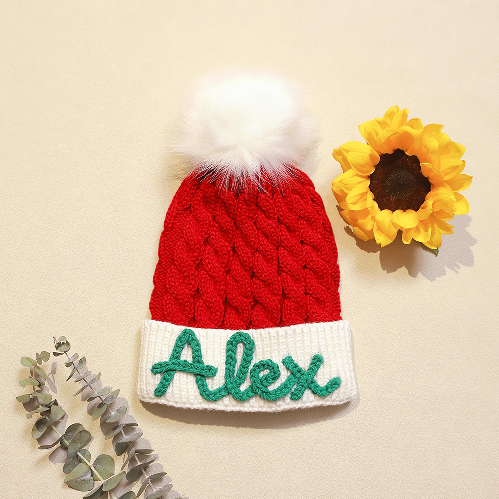 Personalized Hand Embroidery Christmas Pom Pom Hat | HSKid71