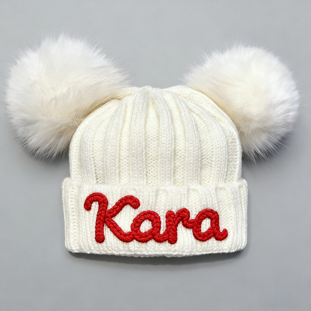 Personalized Hand Embroidery Kid Pom Pom Hat and Scarf | HSKid72