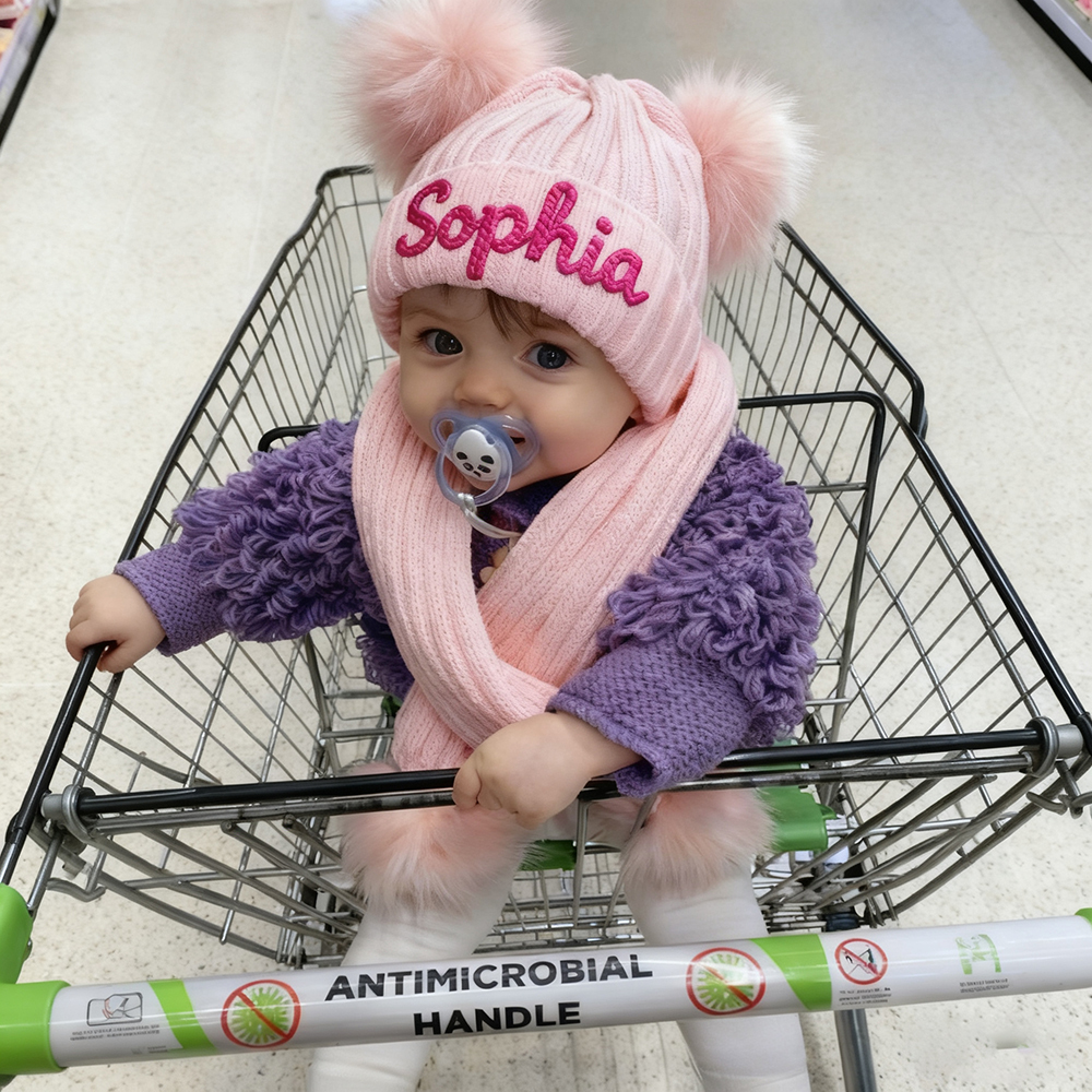 Personalized Hand Embroidery Kid Pom Pom Hat and Scarf | HSKid72