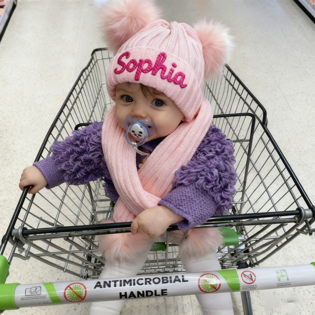 Personalized Hand Embroidery Kid Pom Pom Hat and Scarf | HSKid72