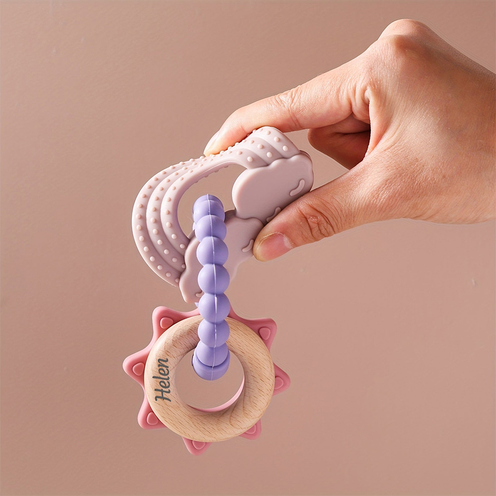 Personalised Baby Food Silicone & Wooden Sensory Teething Ring | CWToy162