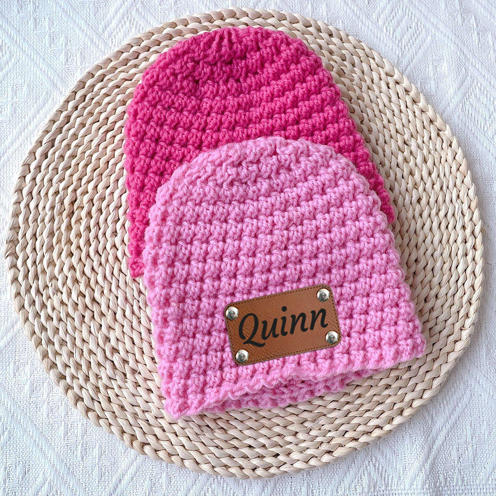 Personalized Leather Patch Baby Winter Warm Knitted Hat | HSKid76