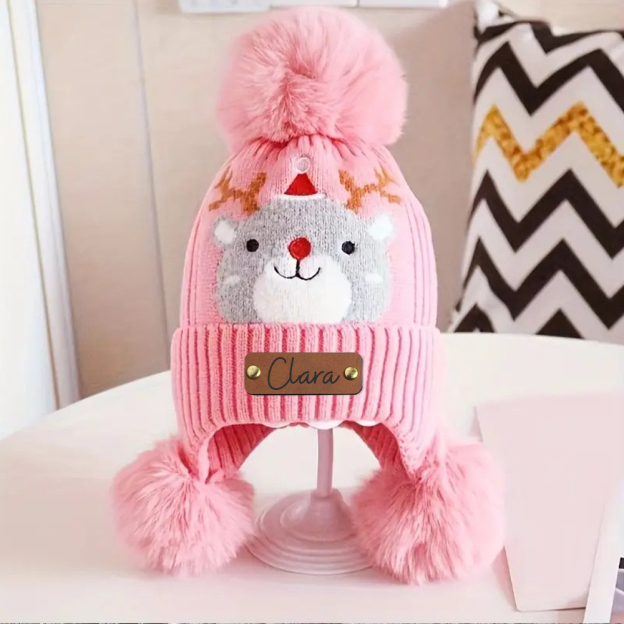 Personalized Leather Patch Adorable Elk Warm Winter Pom Pom Hat | HSKid77