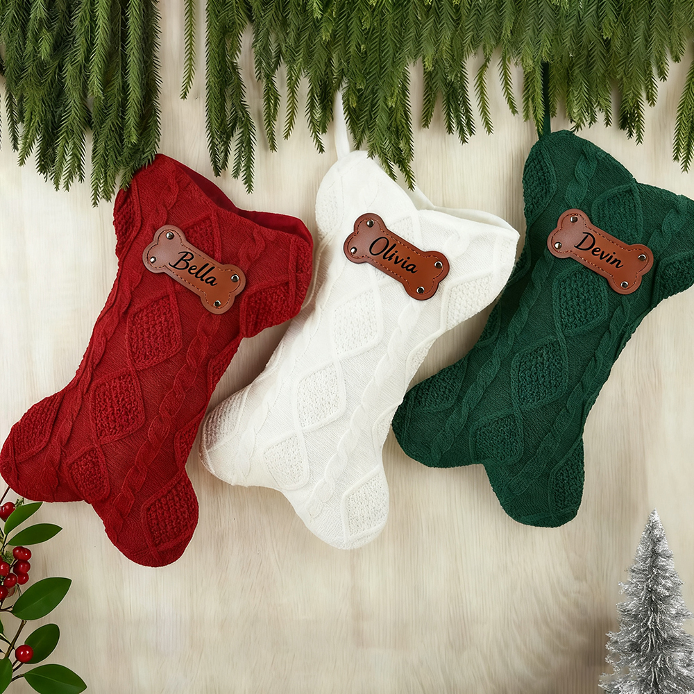 Personalized Leather Patch Dog Bone Christmas Stocking | MCGift216