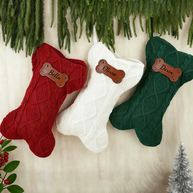 Personalized Leather Patch Dog Bone Christmas Stocking | MCGift216