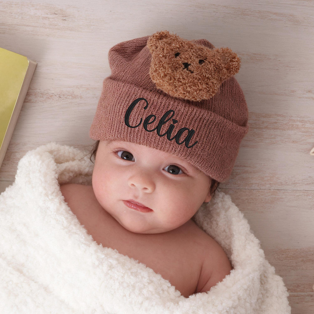 Personalized Embroidery Organic Cotton Baby Beanie with Teddy Bear | HSKid78