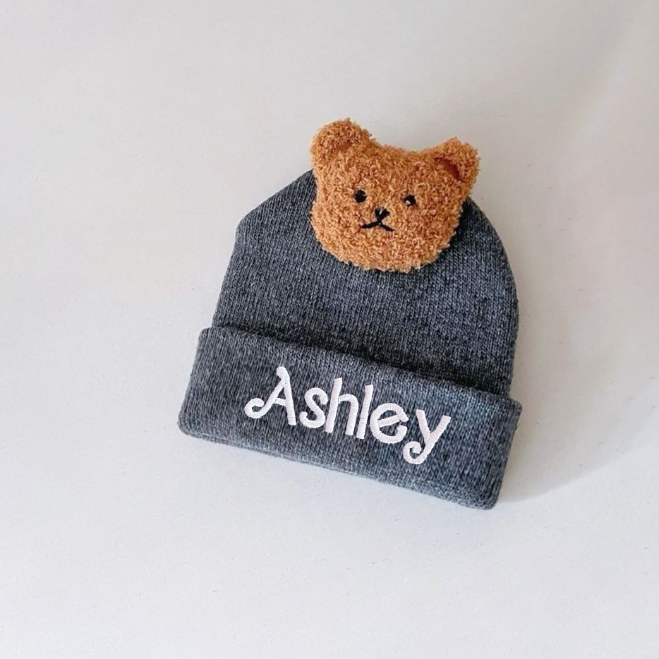 Personalized Embroidery Organic Cotton Baby Beanie with Teddy Bear | HSKid78