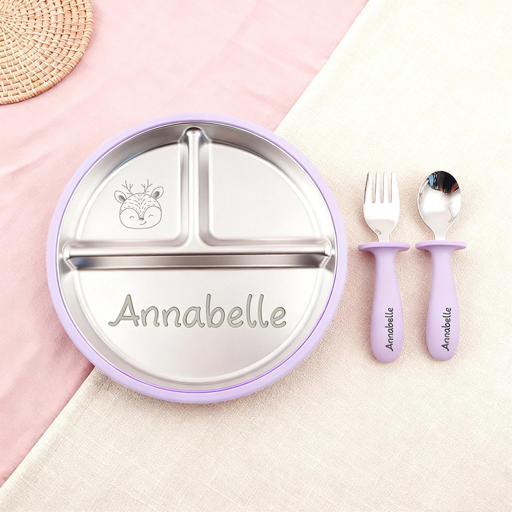 Personalised Baby Stainless Steel Plate Fork & Spoon Set | CWBaby352