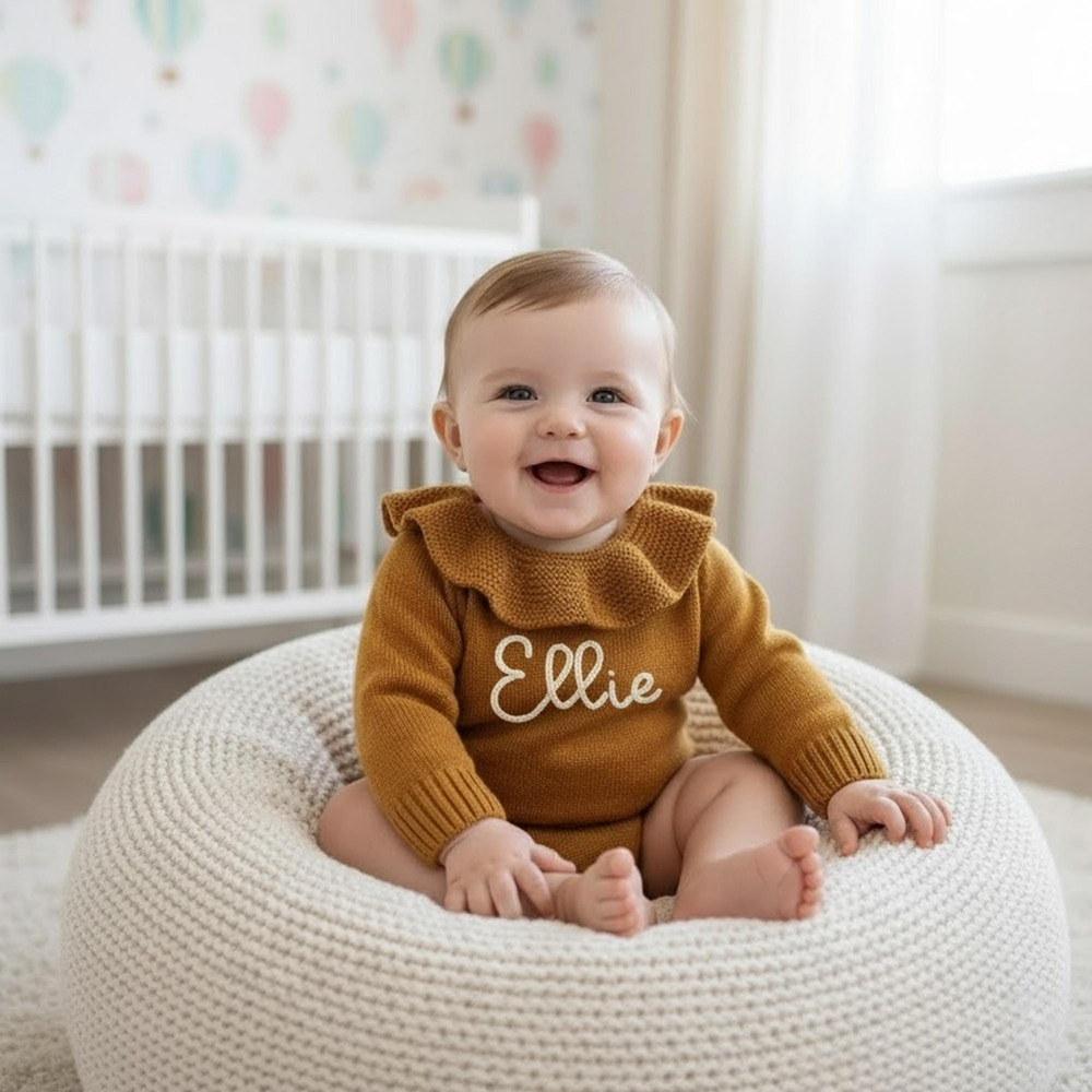 Personalized Hand Embroidered Baby Ruffled Knit Romper | CWBaby366