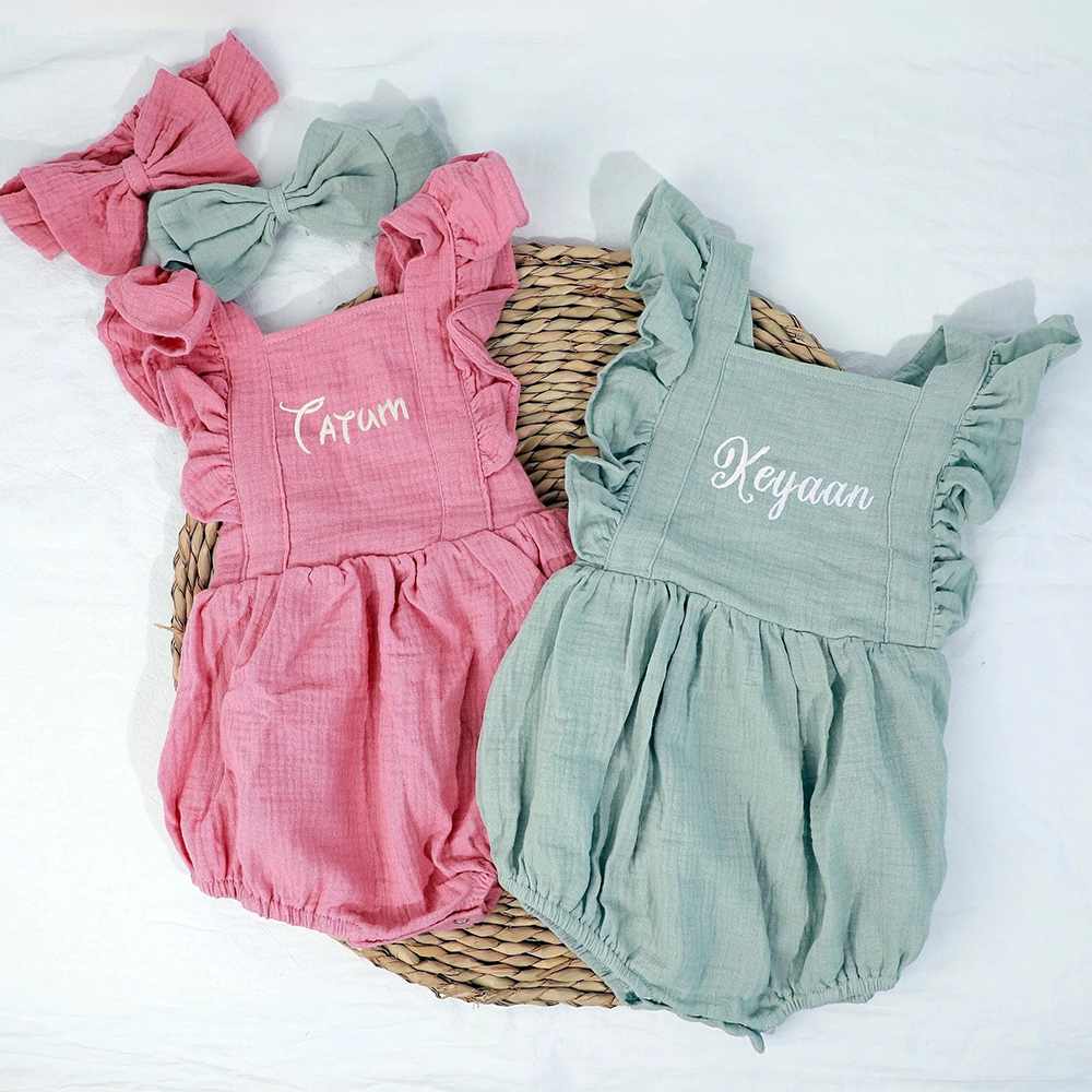 Personalized Embroidery Baby Organic Cotton Muslin Romper with Bow | inRomper35