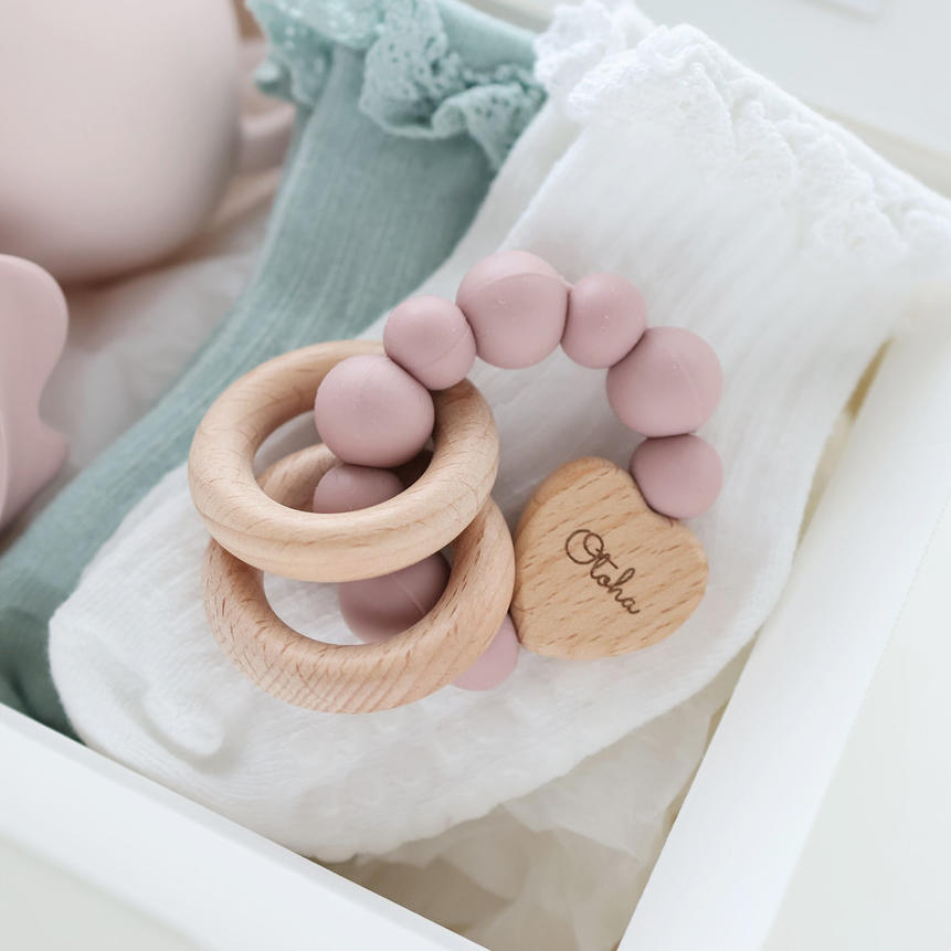 Personalized Baby Sensory Silicone Wooden Toy Ring | CWToy169
