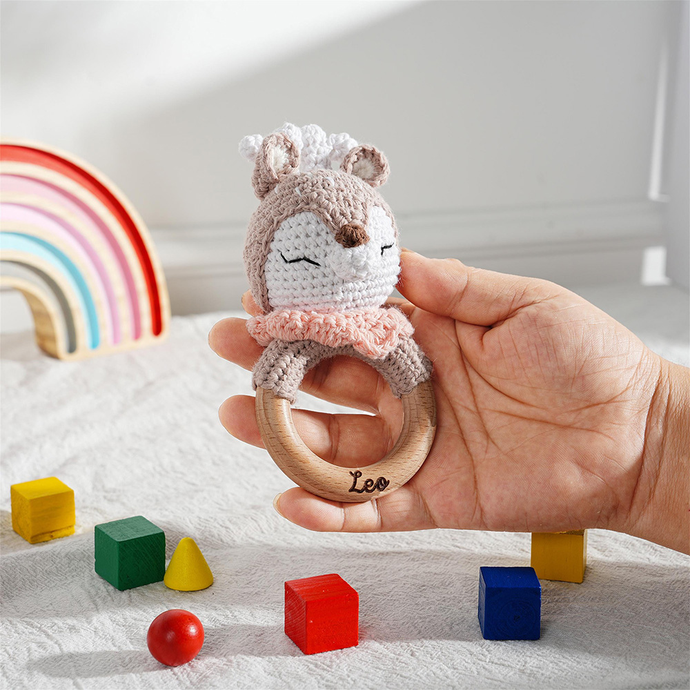 Personalized Baby Handmade Crochet Wooden Rattle Ring | CWToy172