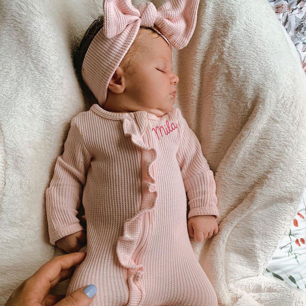 Personalized Newborn Embroidery Waffle Ruffled Romper With Bow | CWBaby426