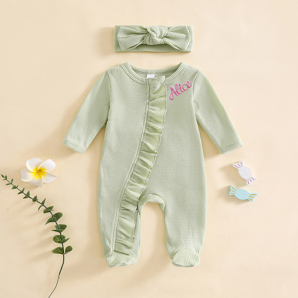 Personalized Newborn Embroidery Waffle Ruffled Romper With Bow | CWBaby426