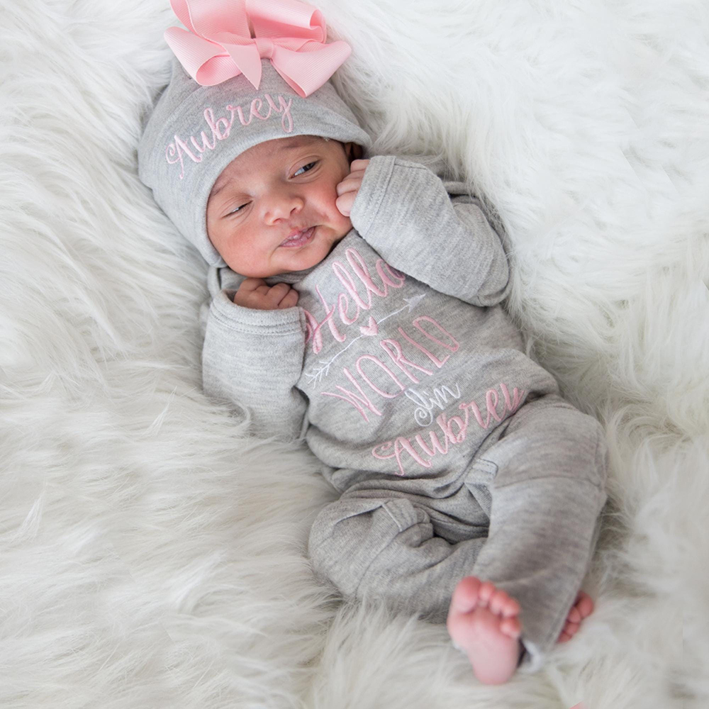 Personalized Embroidery Baby Girl Coming Home Romper and Hat Set | CWBaby425