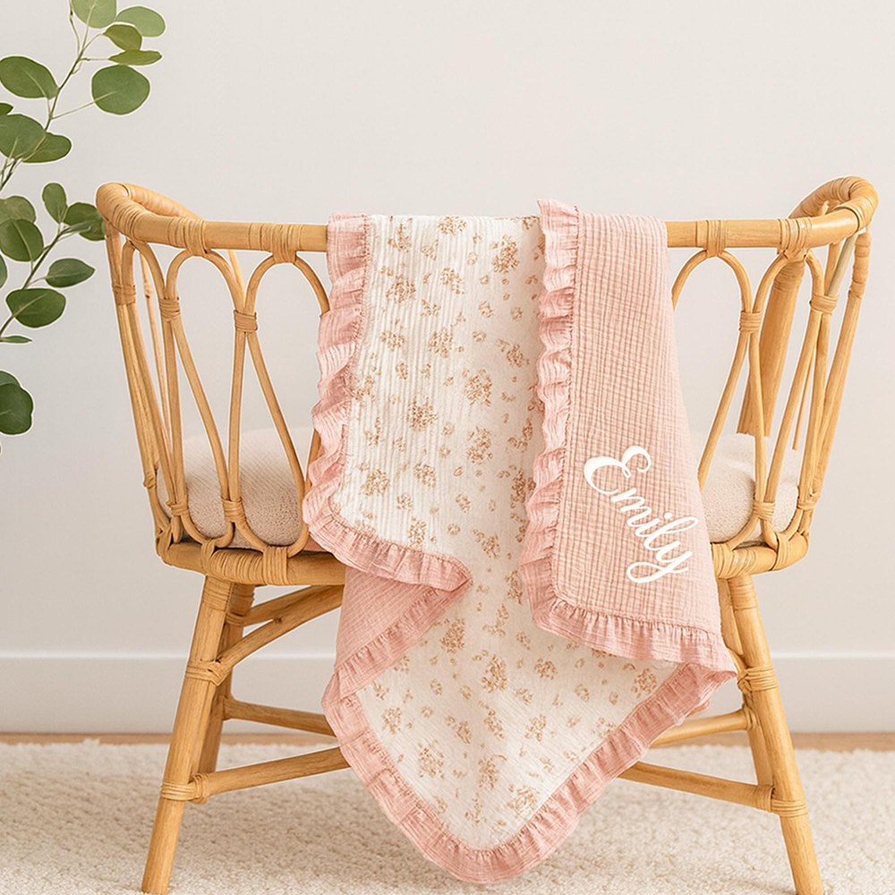Personalized Embroidered Organic Cotton Muslin Ruffle Edge Blanket | CWBaby435