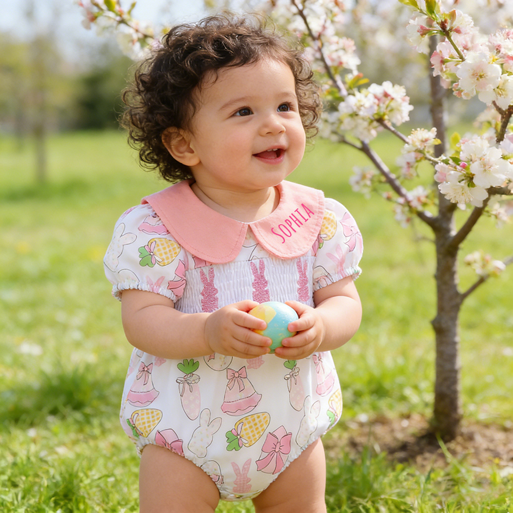 Personalized Easter Baby Girl Lovely Bunny Romper | CWEaster90