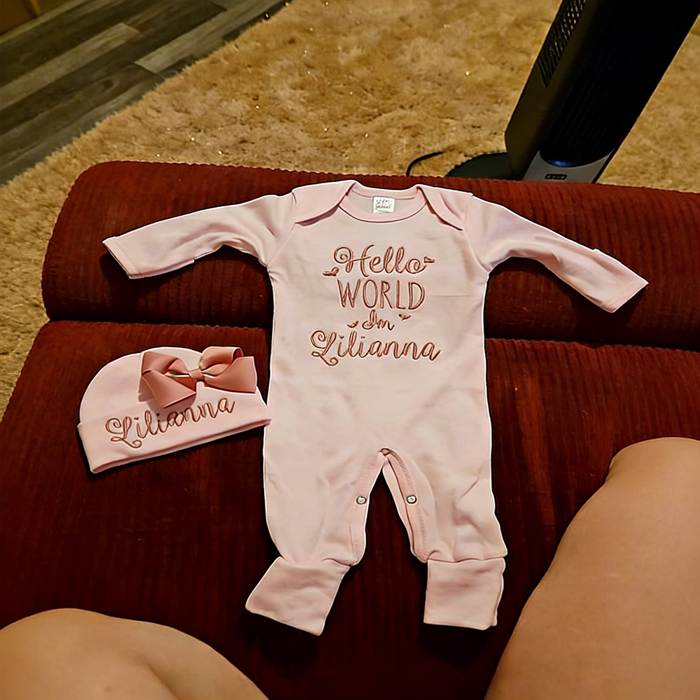 Personalized Embroidery Baby Girl Coming Home Romper and Hat Set | CWBaby441