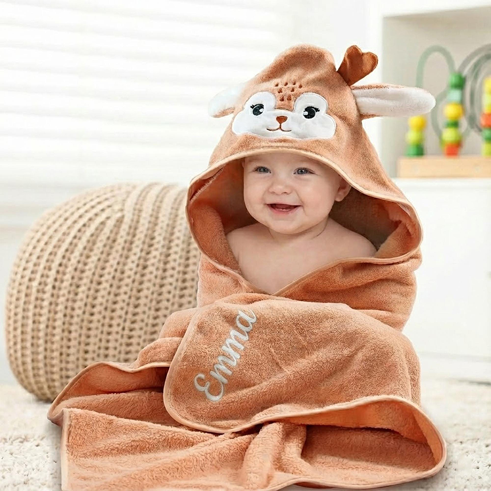 Personalized Embroidery Animal Coral Fleece Soft Hooded Towel | CWBaby142
