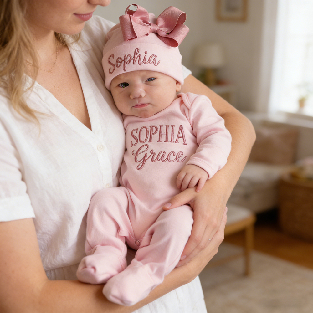 Personalized Embroidery Baby Girl Coming Home Romper and Hat Set | CWBaby458