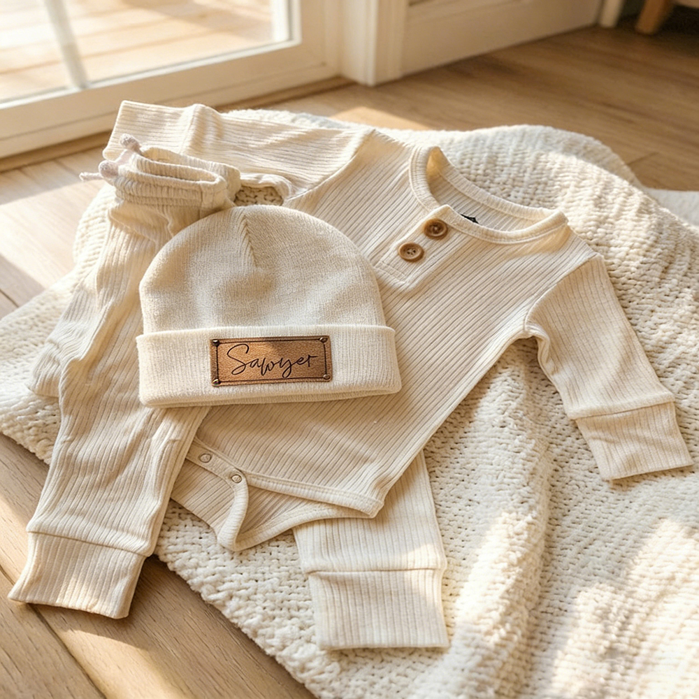 Personalized Leather Patch Baby Beanie Outfit Set | CWBaby84