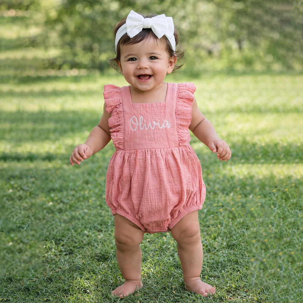 Personalized Embroidery Baby Organic Cotton Muslin Romper with Bow | inRomper35