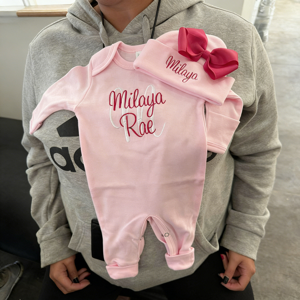 Personalized Embroidery Baby Girl Coming Home Romper and Hat Set | CWBaby479