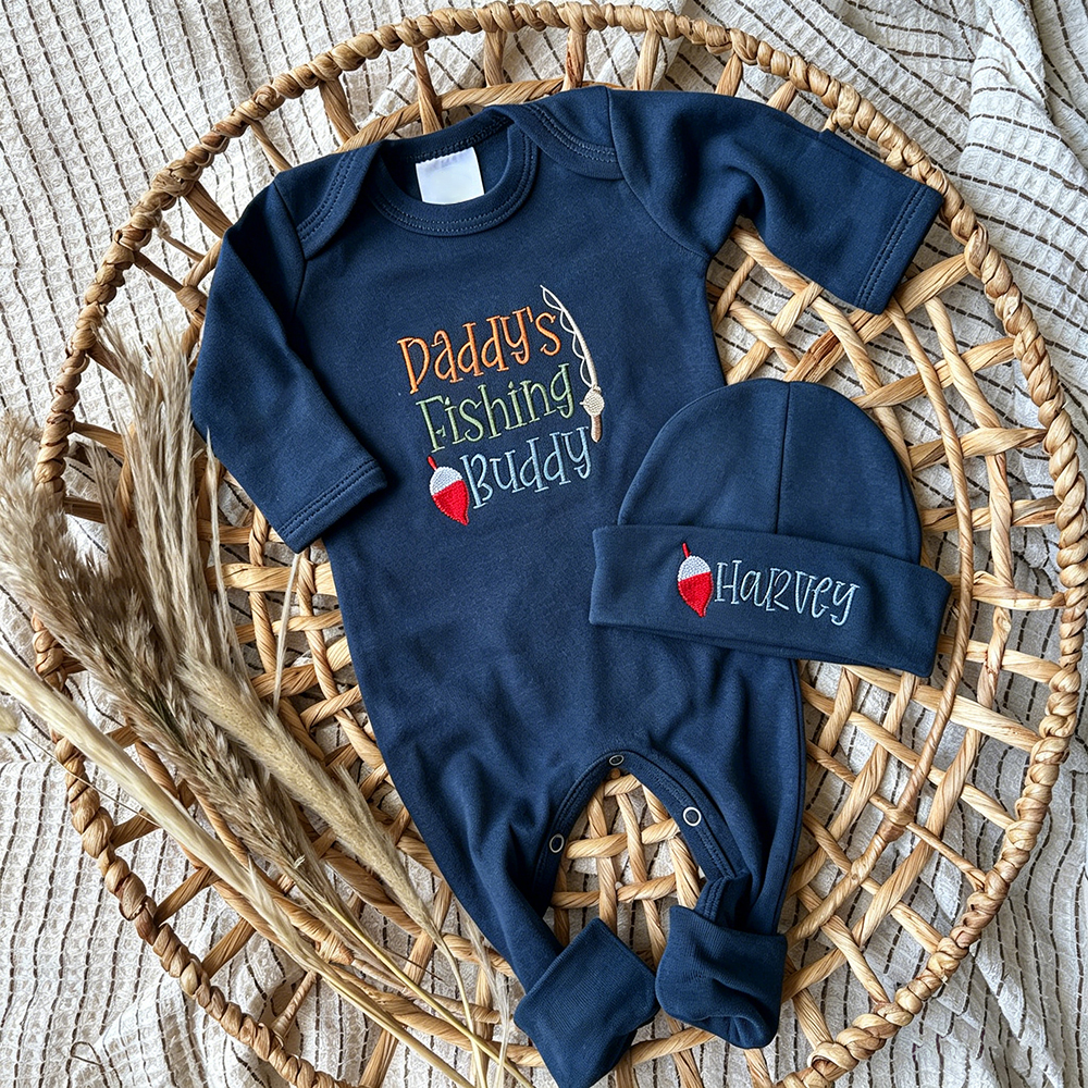 Personalized Embroidery Daddy's Fishing Buddy Romper and Hat Set | CWBaby481
