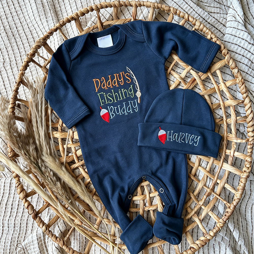 Personalized Embroidery Daddy's Fishing Buddy Romper and Hat Set | CWBaby481