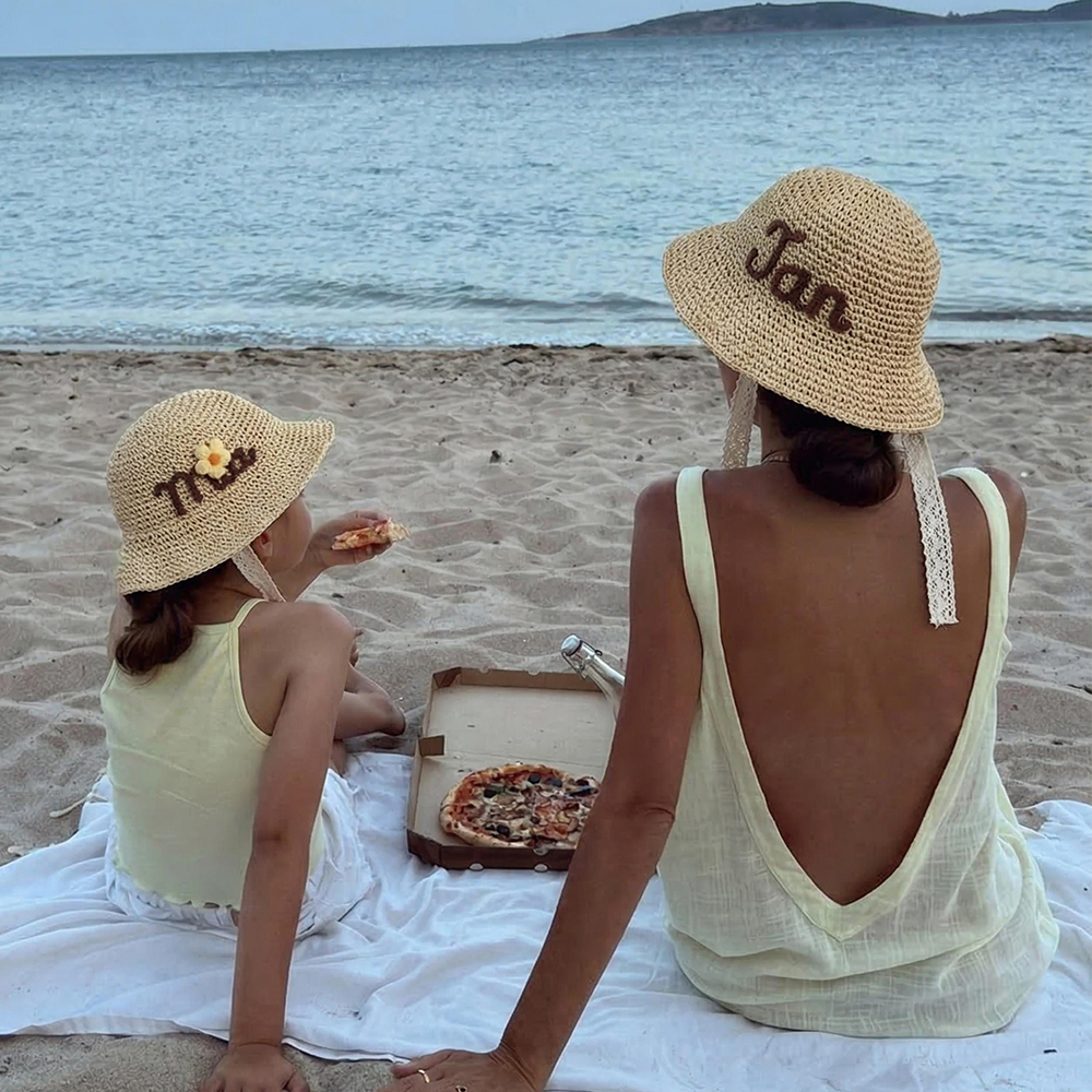 Personalized Hand Embroidered Straw Floppy Sun Hat | CWBeach163