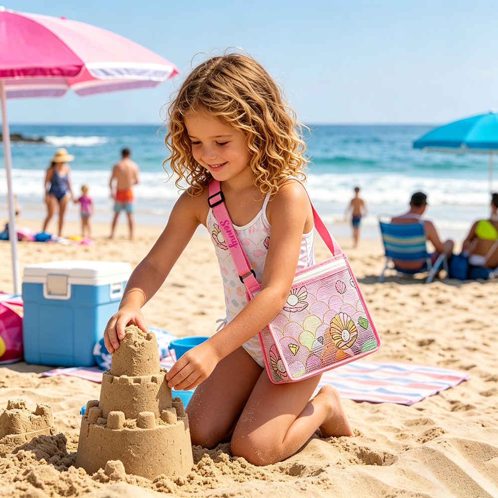 Personalized Embroidery Seashell Zipper Mesh Beach Bag | CWBeach109