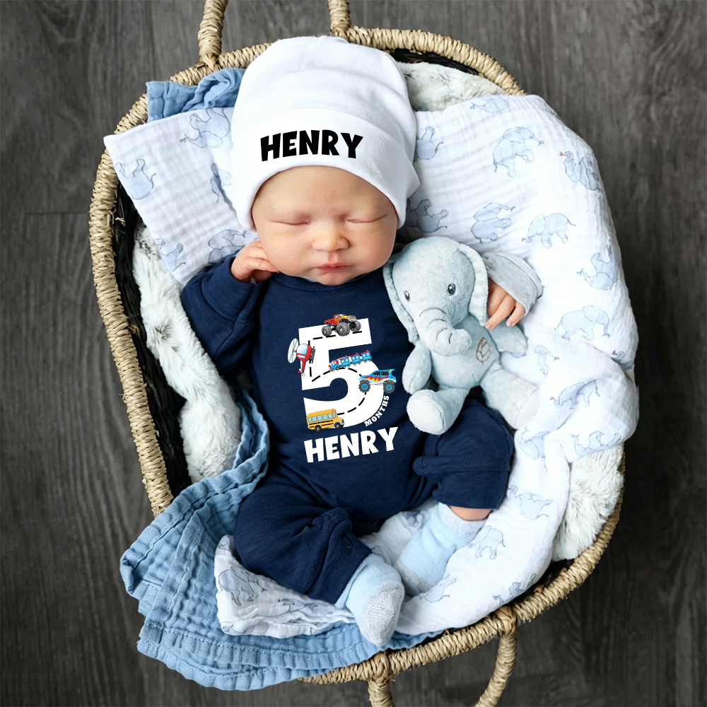Personalized Baby Transportation Vehicle Romper With Hat Set | CWBaby497